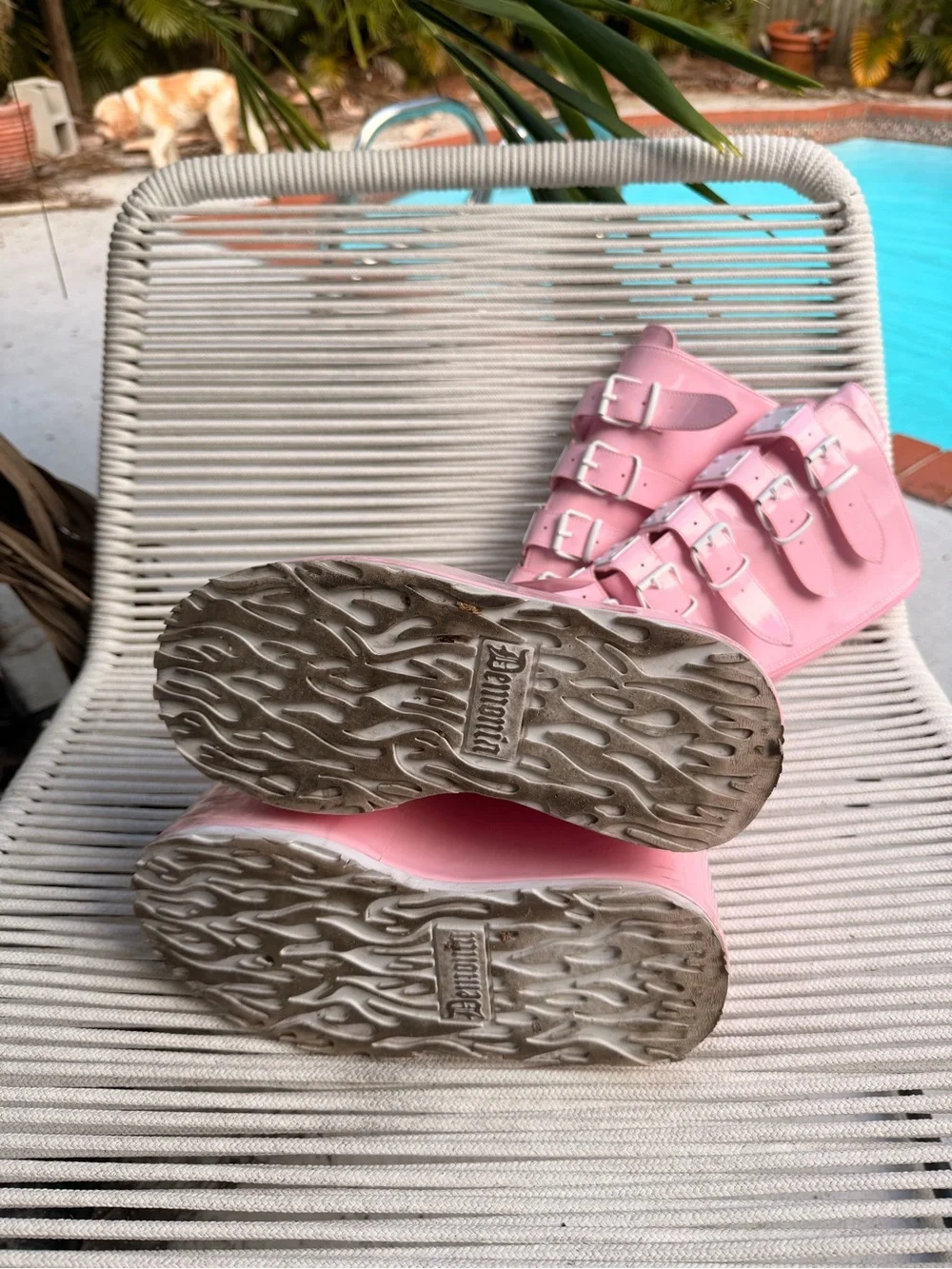 Dolls Kill holographic Pink Buckle Platform Rave Boots